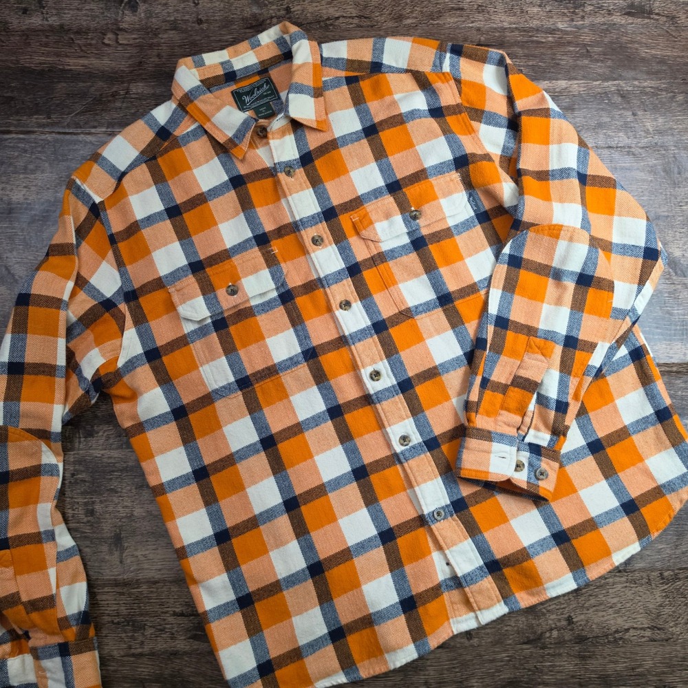 WOOLRICH Flannel Shirt Mens L Orange Plaid Elbow Patch Button Up Long Sleeve